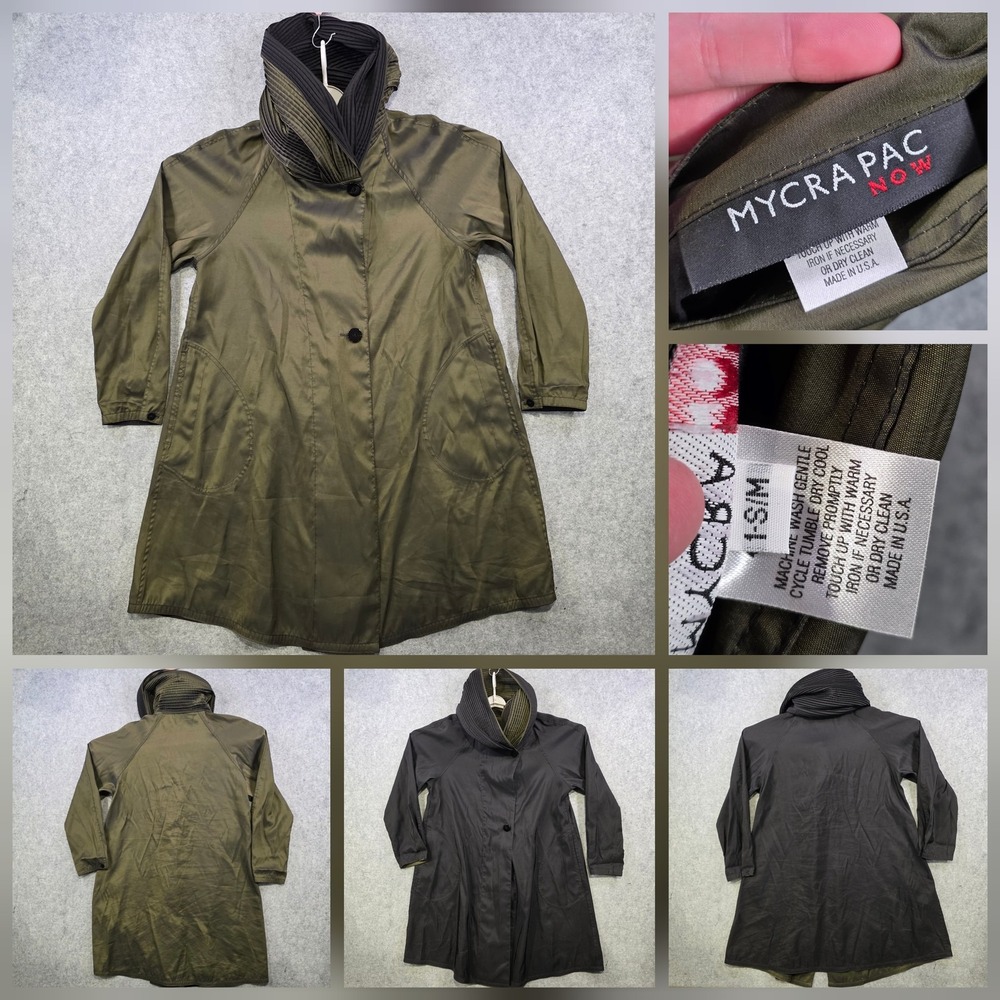 Mycra Pac Coat Womens 1‎ S/M Green Reversible Pleated Hood Rain Jacket Travel